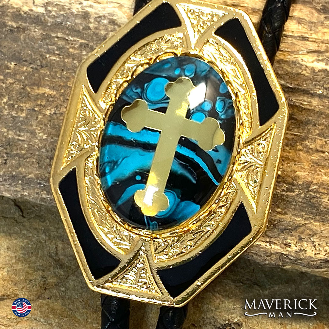 Dressy turquoise black and gold bolo tie and buckle set