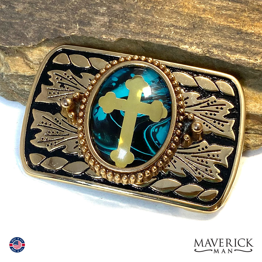 Dressy turquoise black and gold bolo tie and buckle set