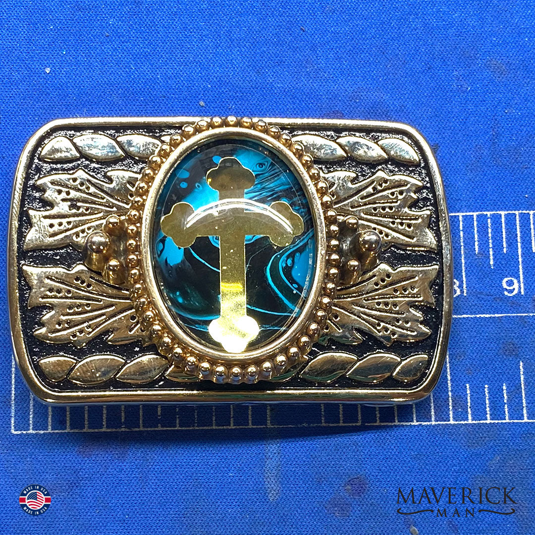 Dressy turquoise black and gold bolo tie and buckle set
