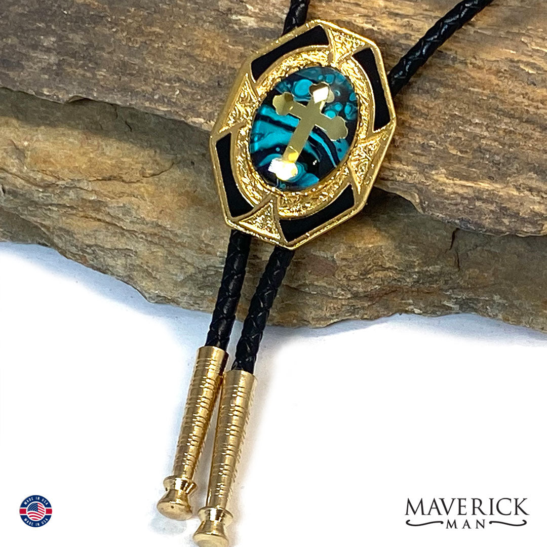 Christian bolo and buckle set with turquoise and black in gold