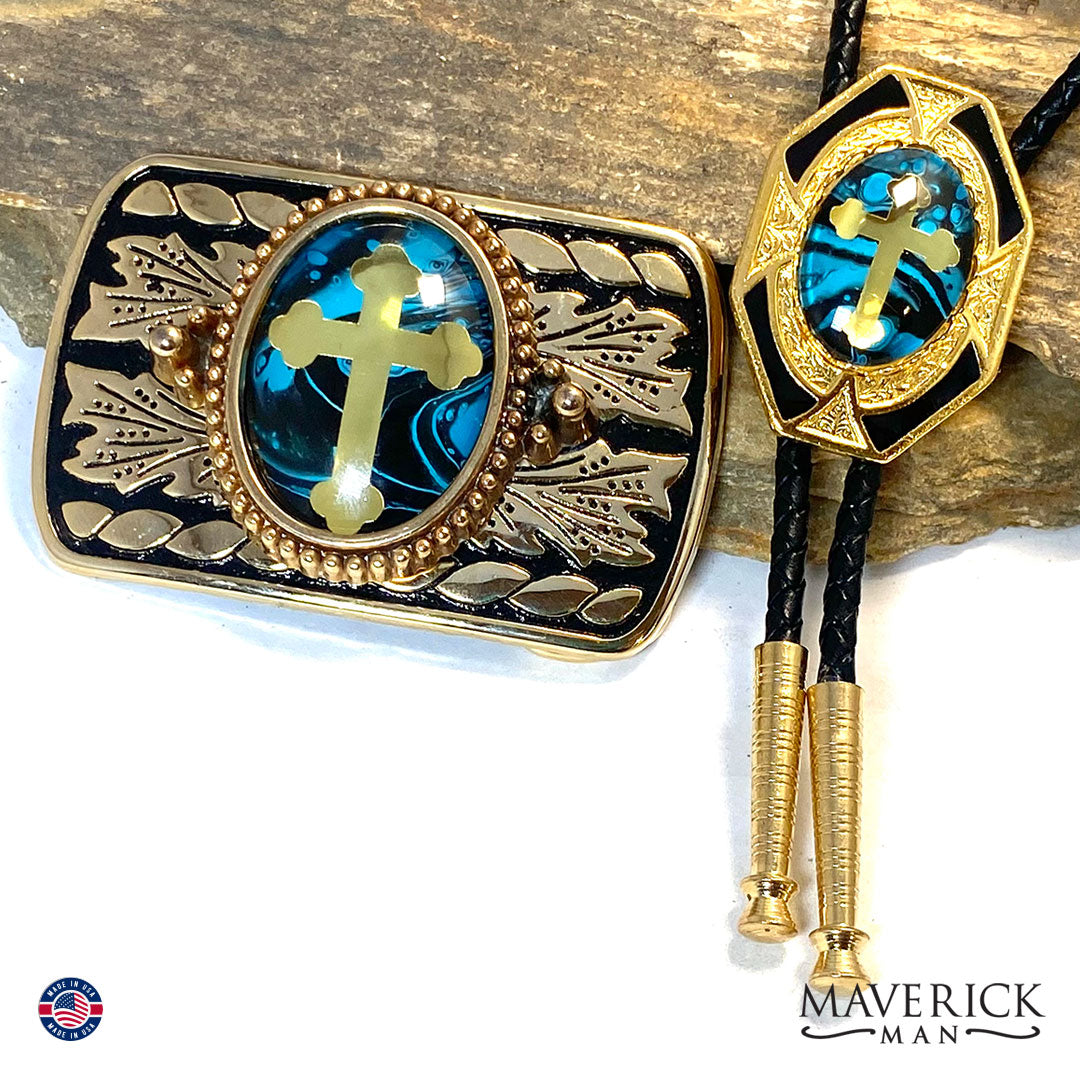 Dressy turquoise black and gold bolo tie and buckle set