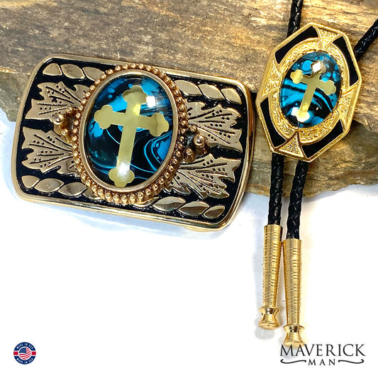 Christian bolo and buckle set with turquoise and black in gold