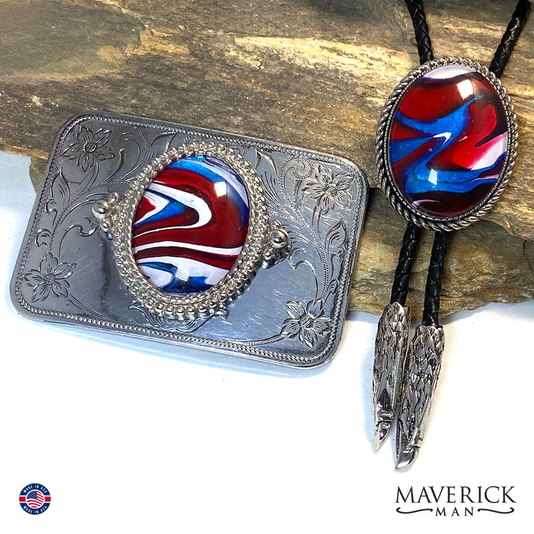 Patriotic bolo tie and buckle set