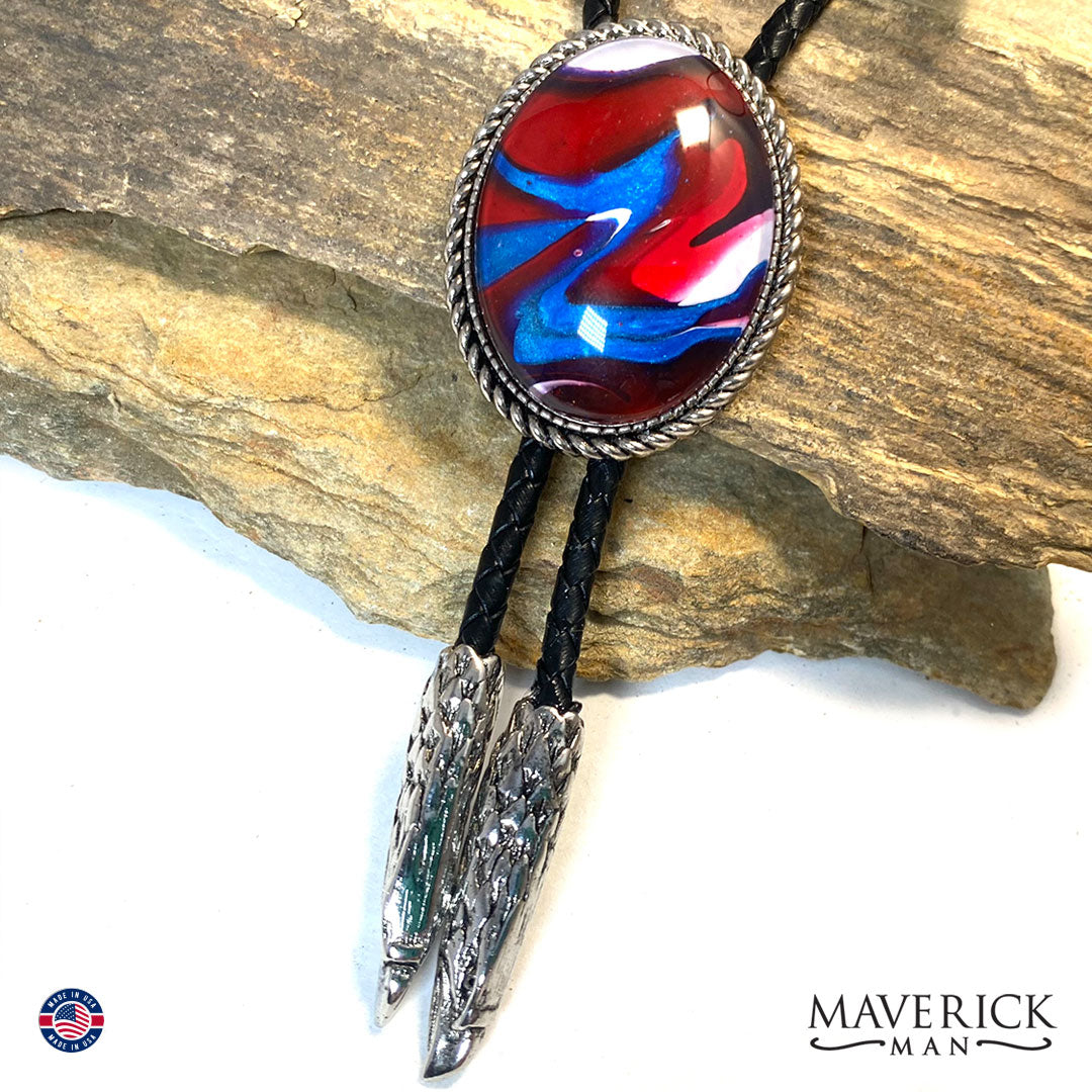 Red white and blue bolo tie with eagle tips