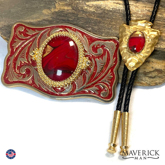 Red and Gold bolo tie and buckle set