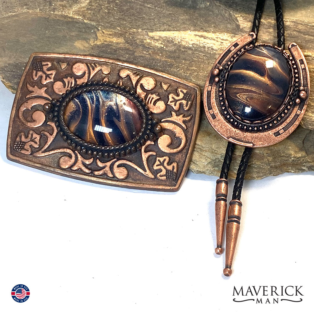 Striking copper bolo and buckle set