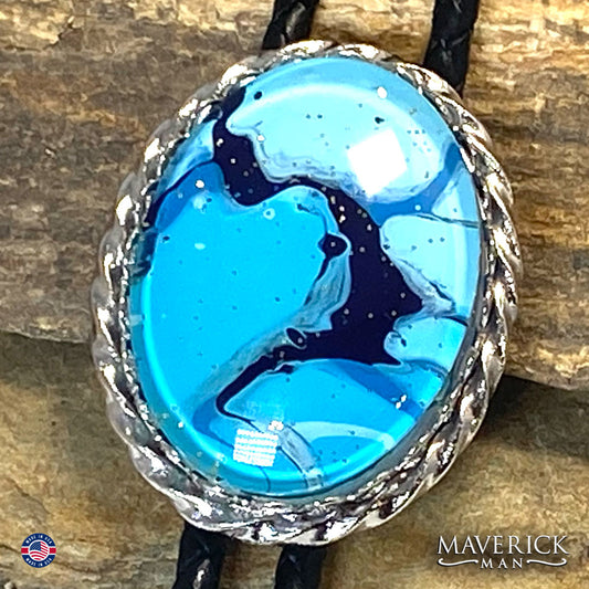 Unusual hand painted blue art in silver twist bolo tie