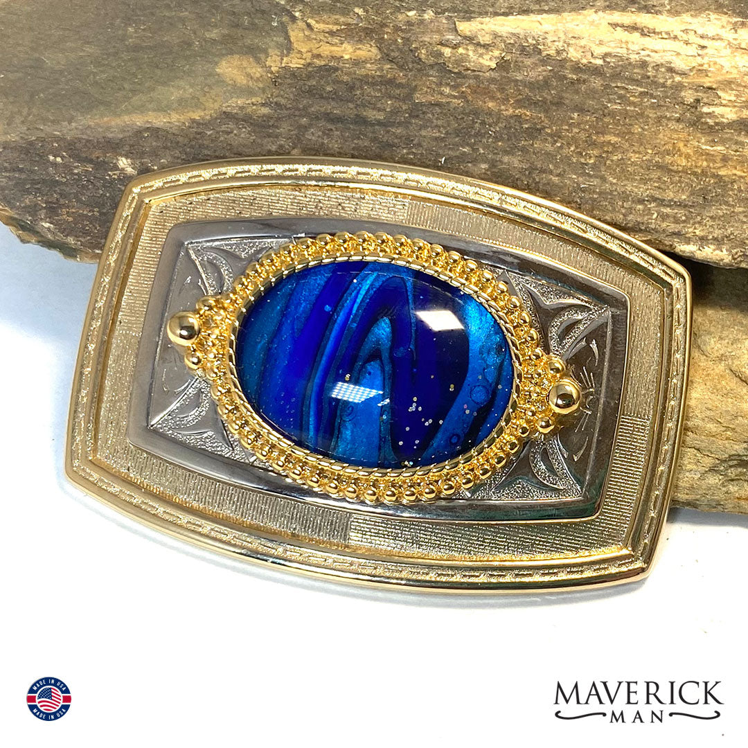 Striking black and blue bolo tie and buckle set in gold