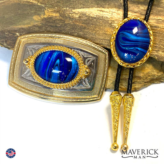 Striking black and blue bolo tie and buckle set in gold