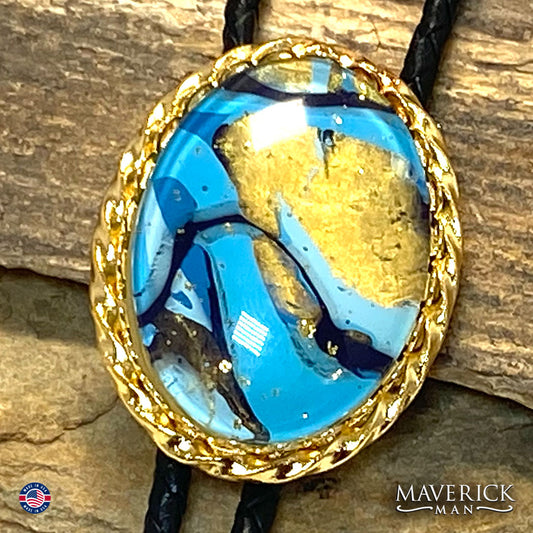 Dressy blue and gold bolo tie and buckle set