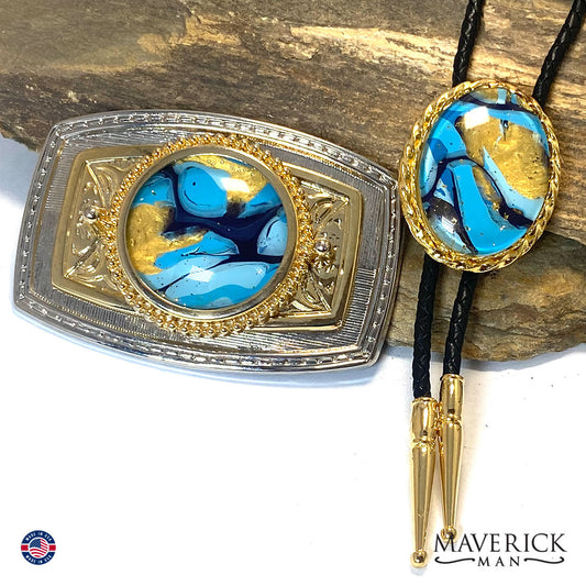 Dressy blue and gold bolo tie and buckle set