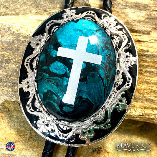 Christian bolo tie in turquoise and black