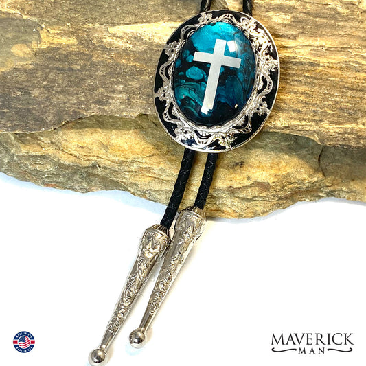 Christian bolo tie in turquoise and black