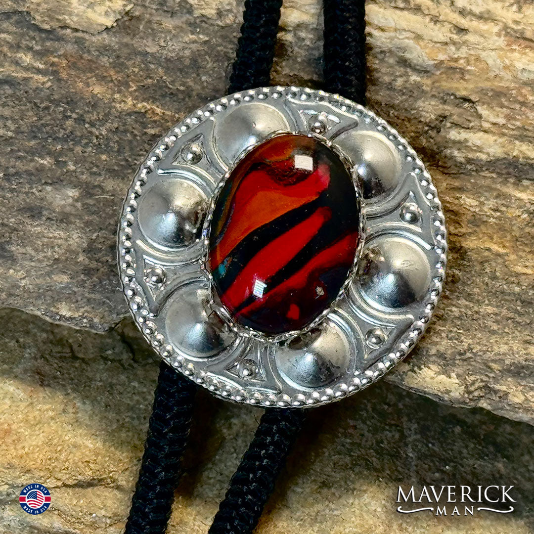 Small bolo tie with red and black hand painted stone