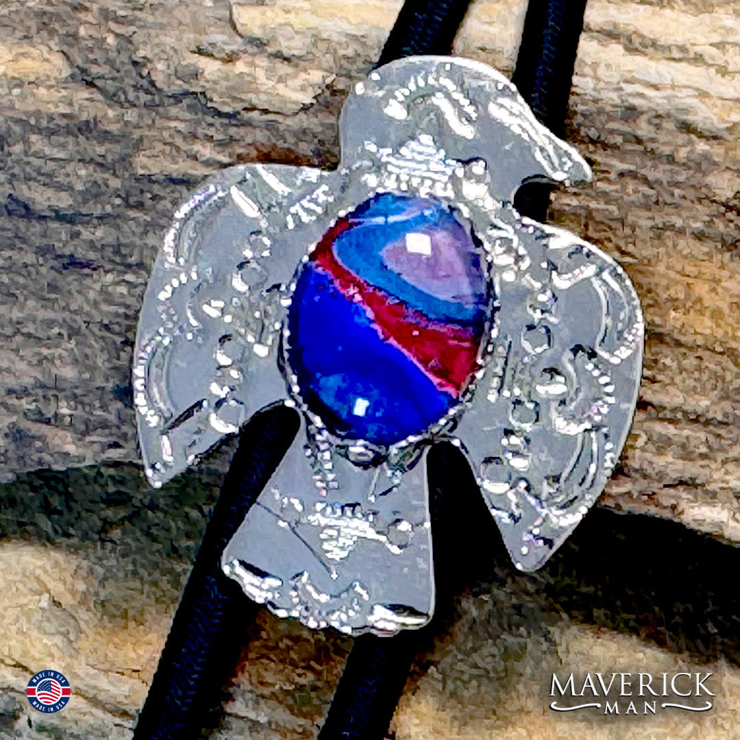Patriotic thunderbird bolo tie with hand painted stone