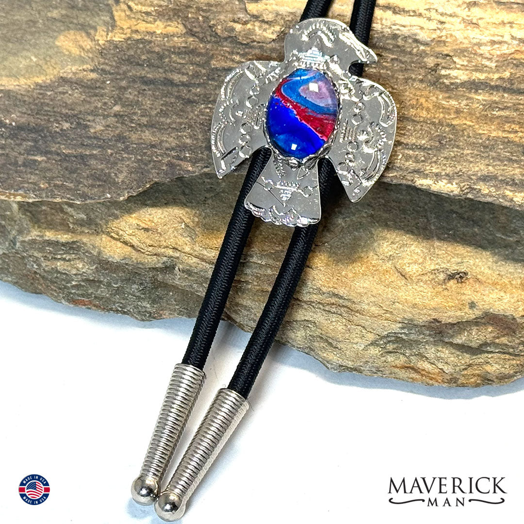 Patriotic thunderbird bolo tie with hand painted stone
