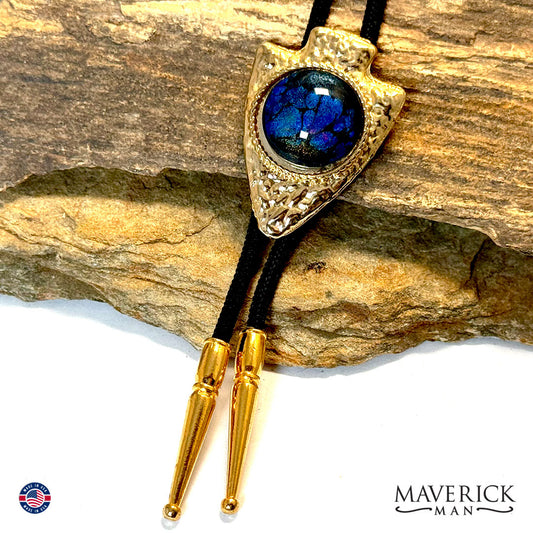 Golden hammered arrowhead bolo tie with hand painted stone