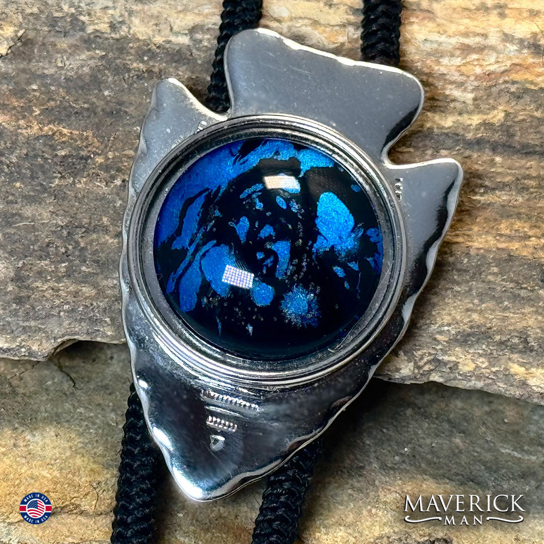 Silver arrowhead bolo tie with hand painted stone