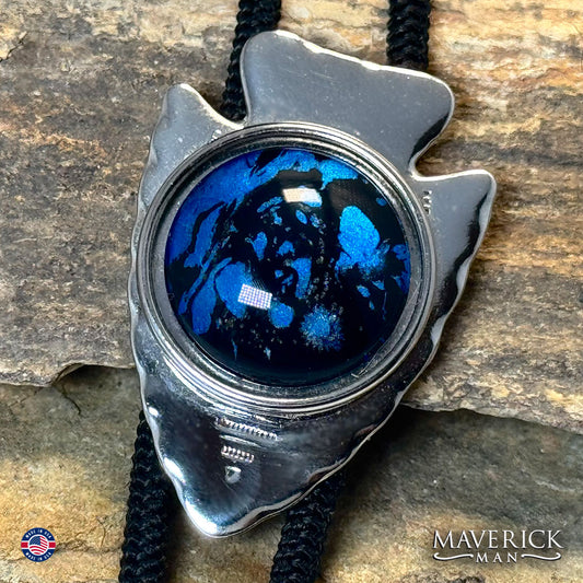Silver arrowhead bolo tie with hand painted stone