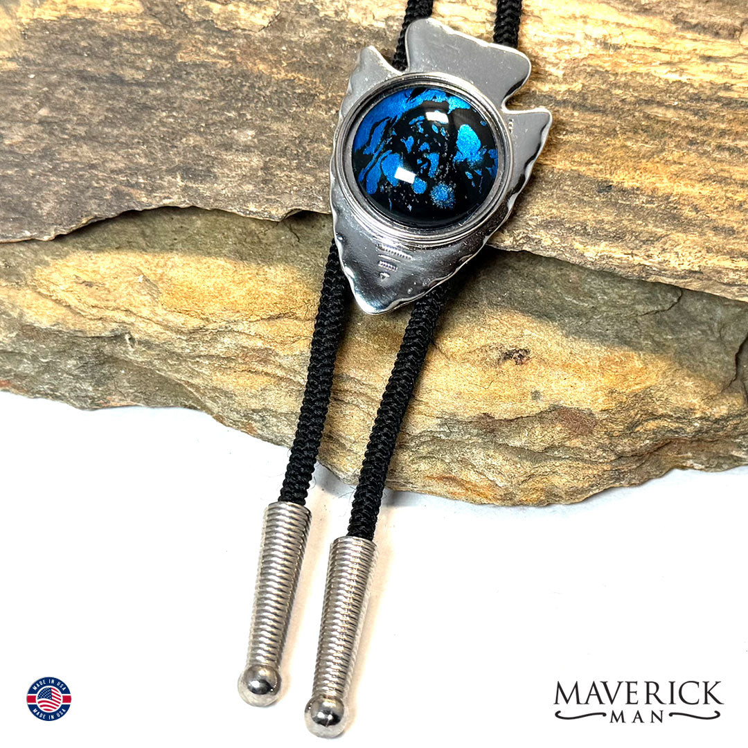 Silver arrowhead bolo tie with hand painted stone