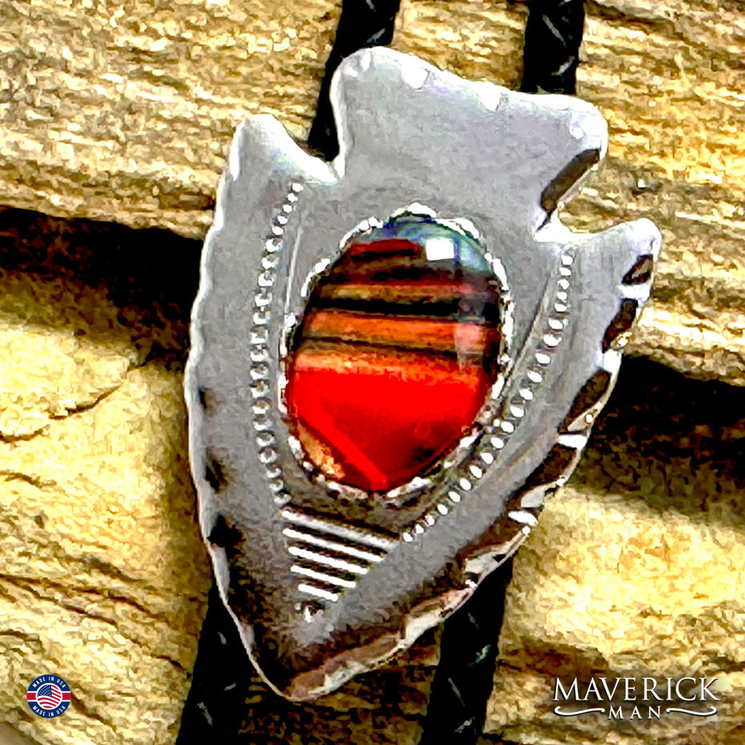 Silver arrowhead bolo tie with southwestern hand painted stone
