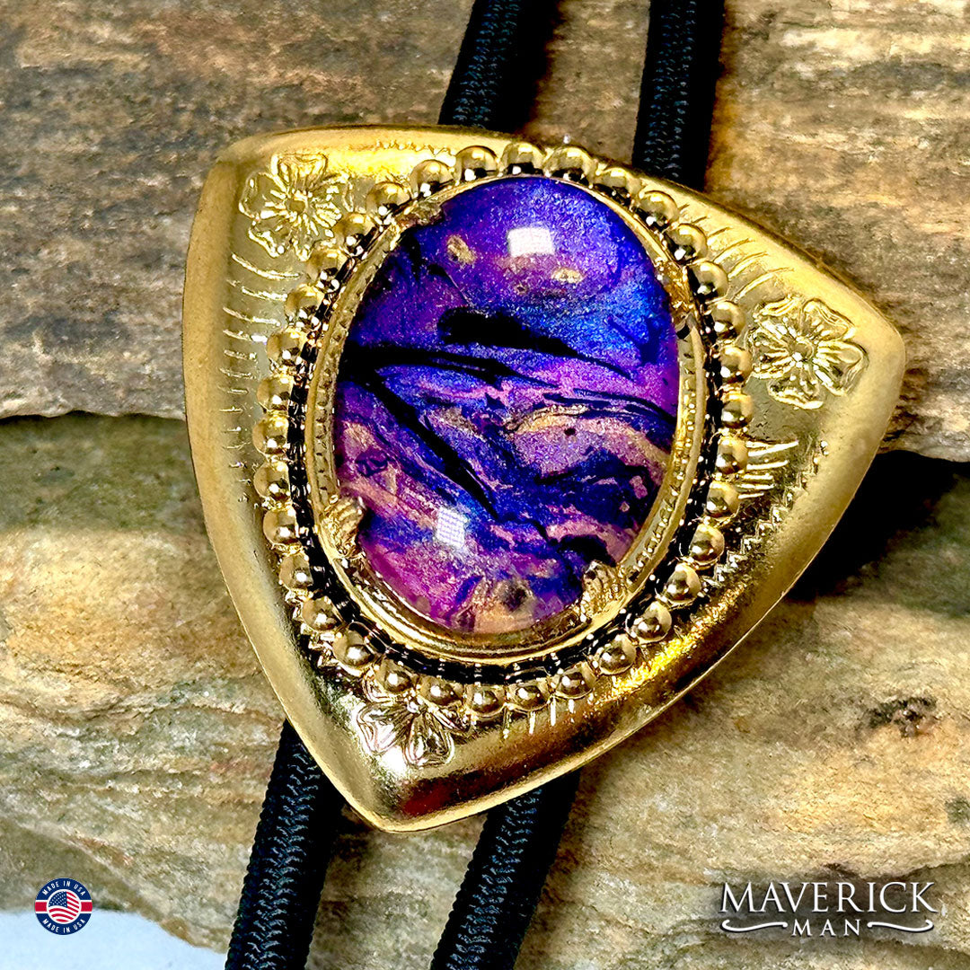 Golden bolo with hand painted stone in gold and purples