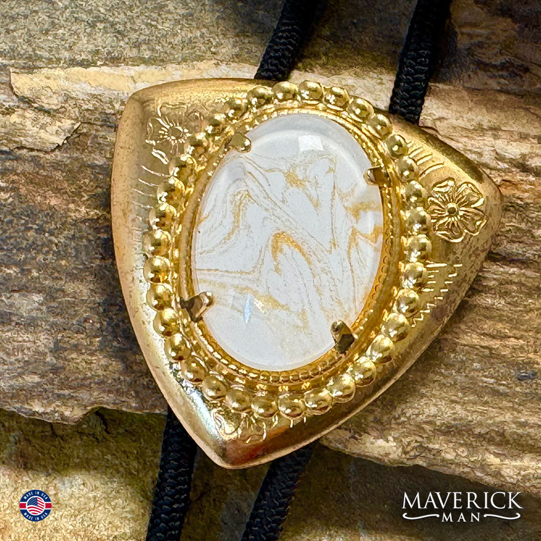 Triangular bolo with gold and white hand painted stone