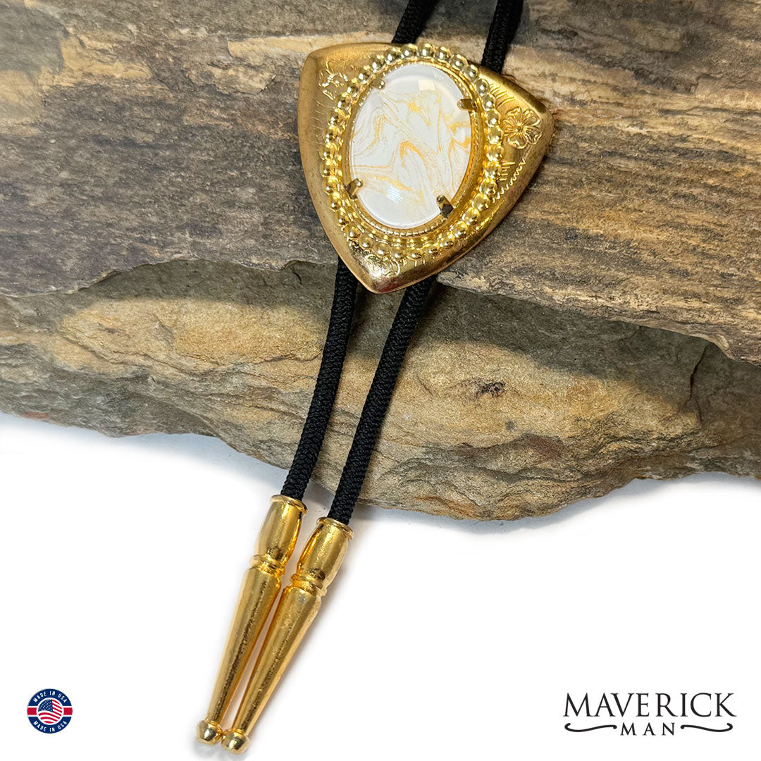 Triangular bolo with gold and white hand painted stone