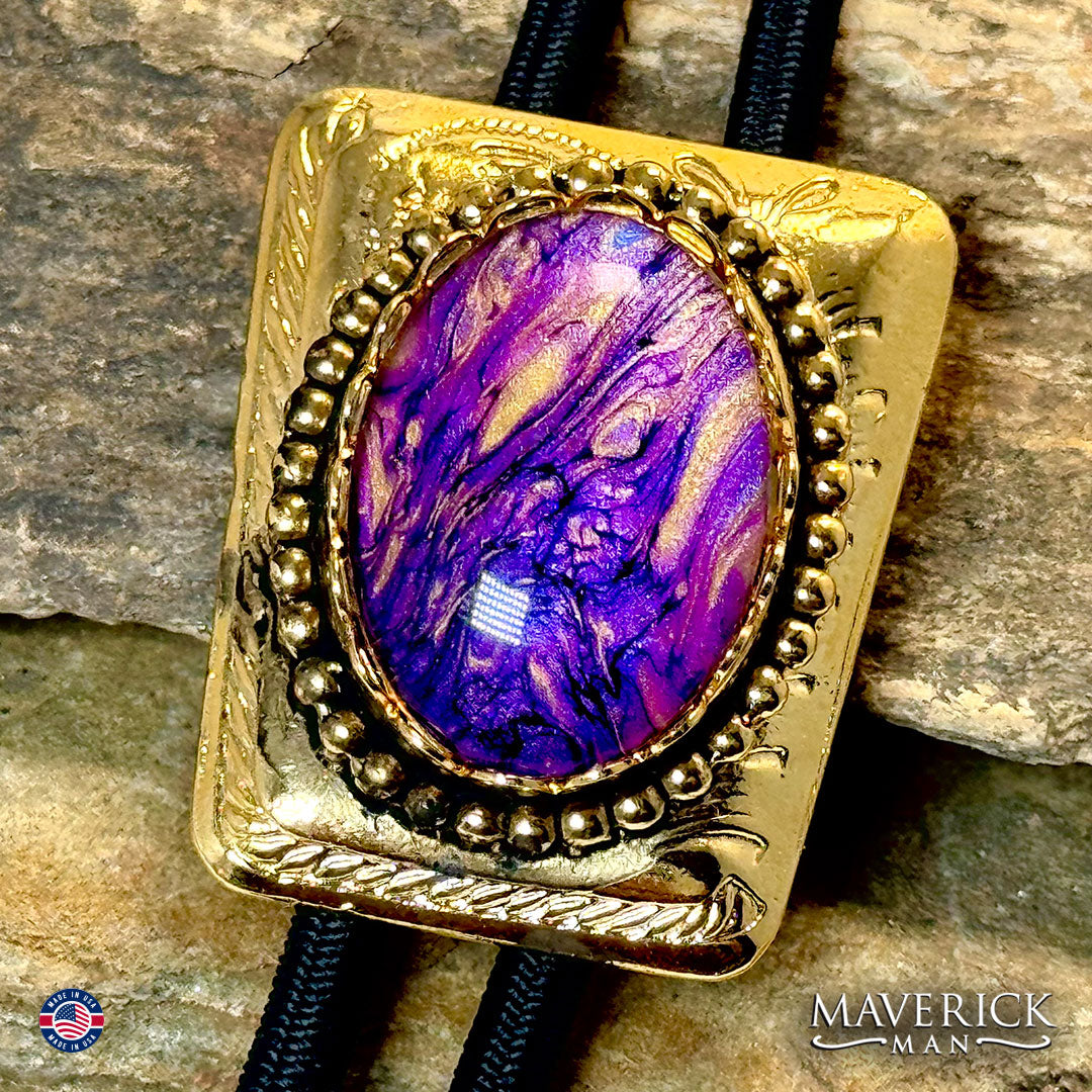 Golden bolo with hand painted stone in gold and purples