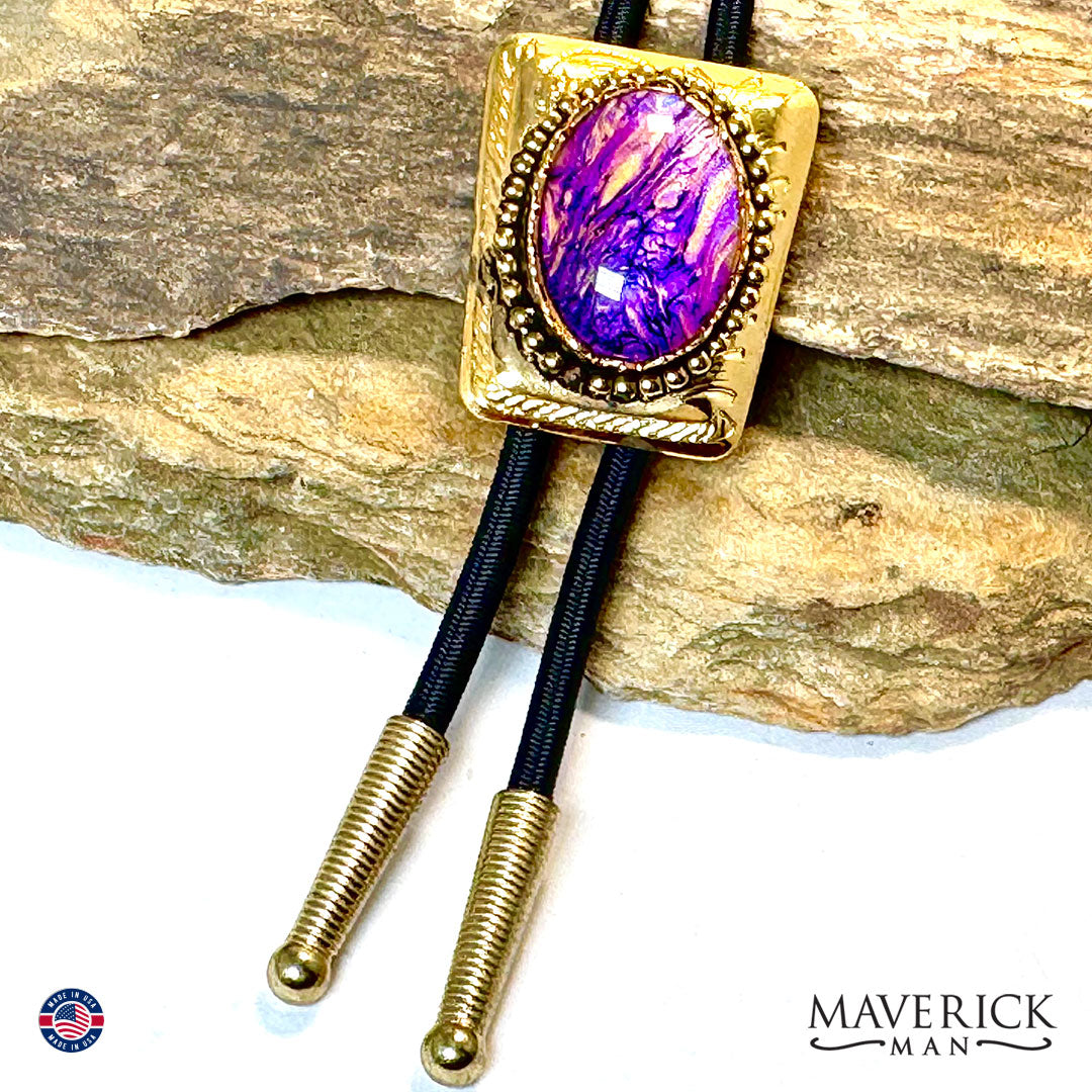 Golden bolo with hand painted stone in gold and purples