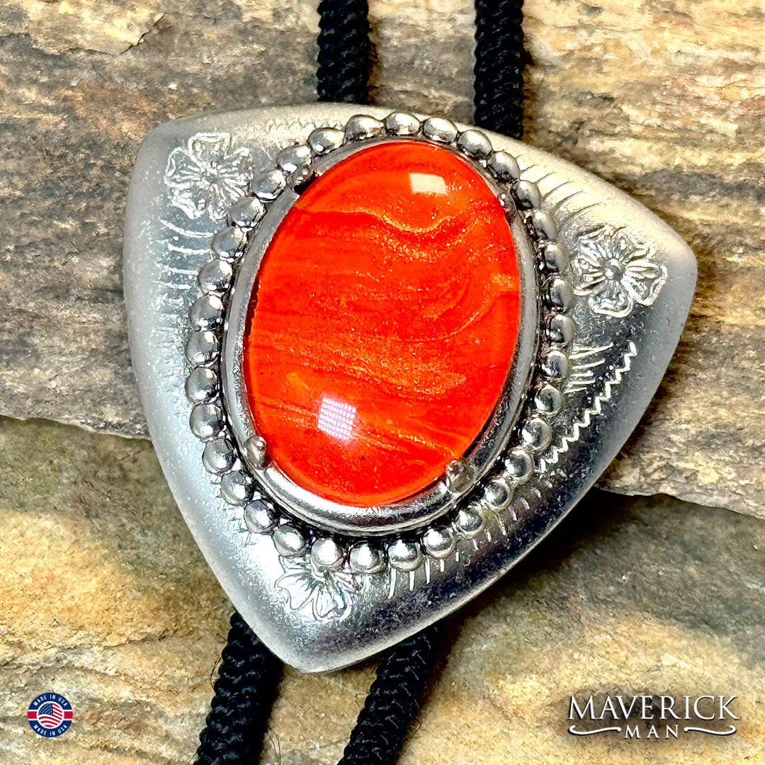 Silver triangular bolo with orange hand painted stone