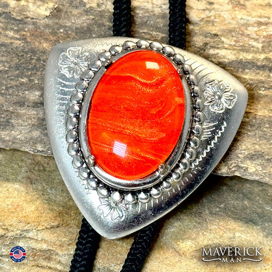 Silver triangular bolo with orange hand painted stone