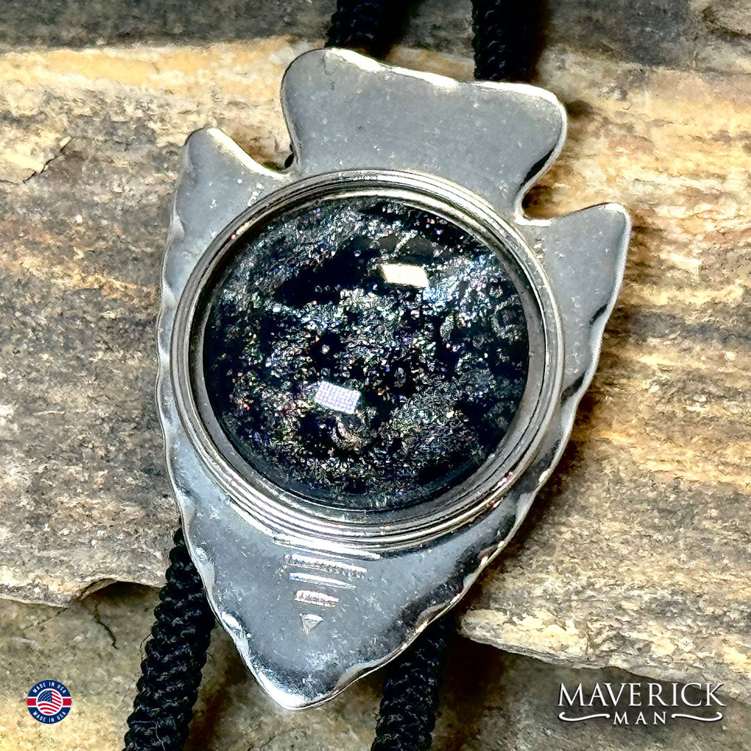 Silver arrowhead bolo tie with hand painted stone