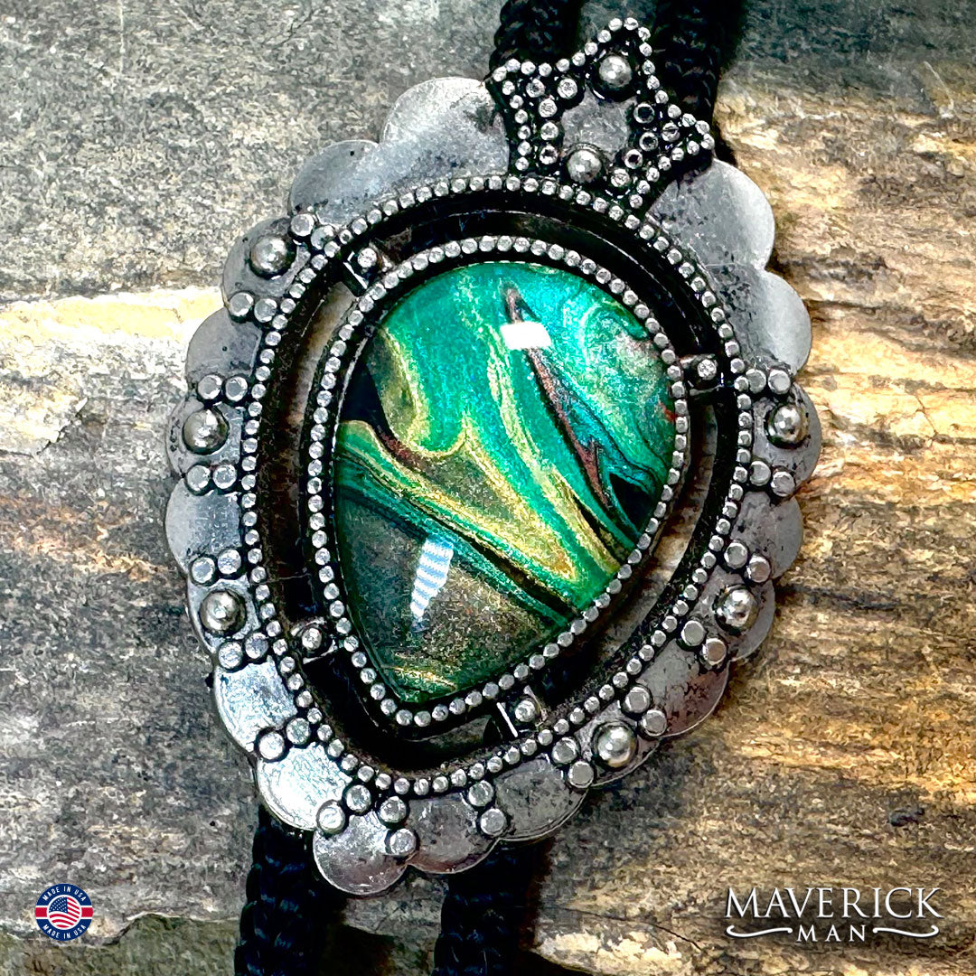 Fancy bolo tie with hand painted green stone