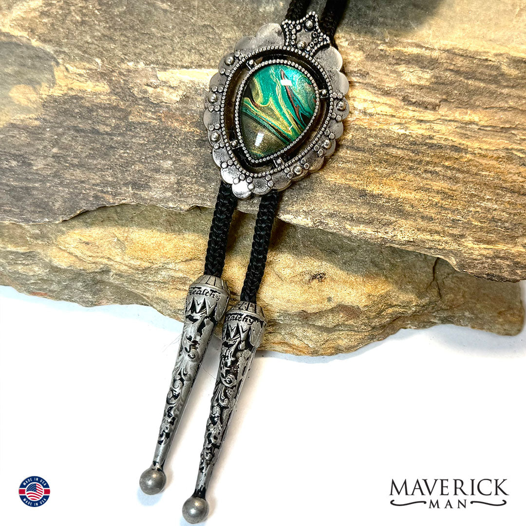 Fancy bolo tie with hand painted green stone