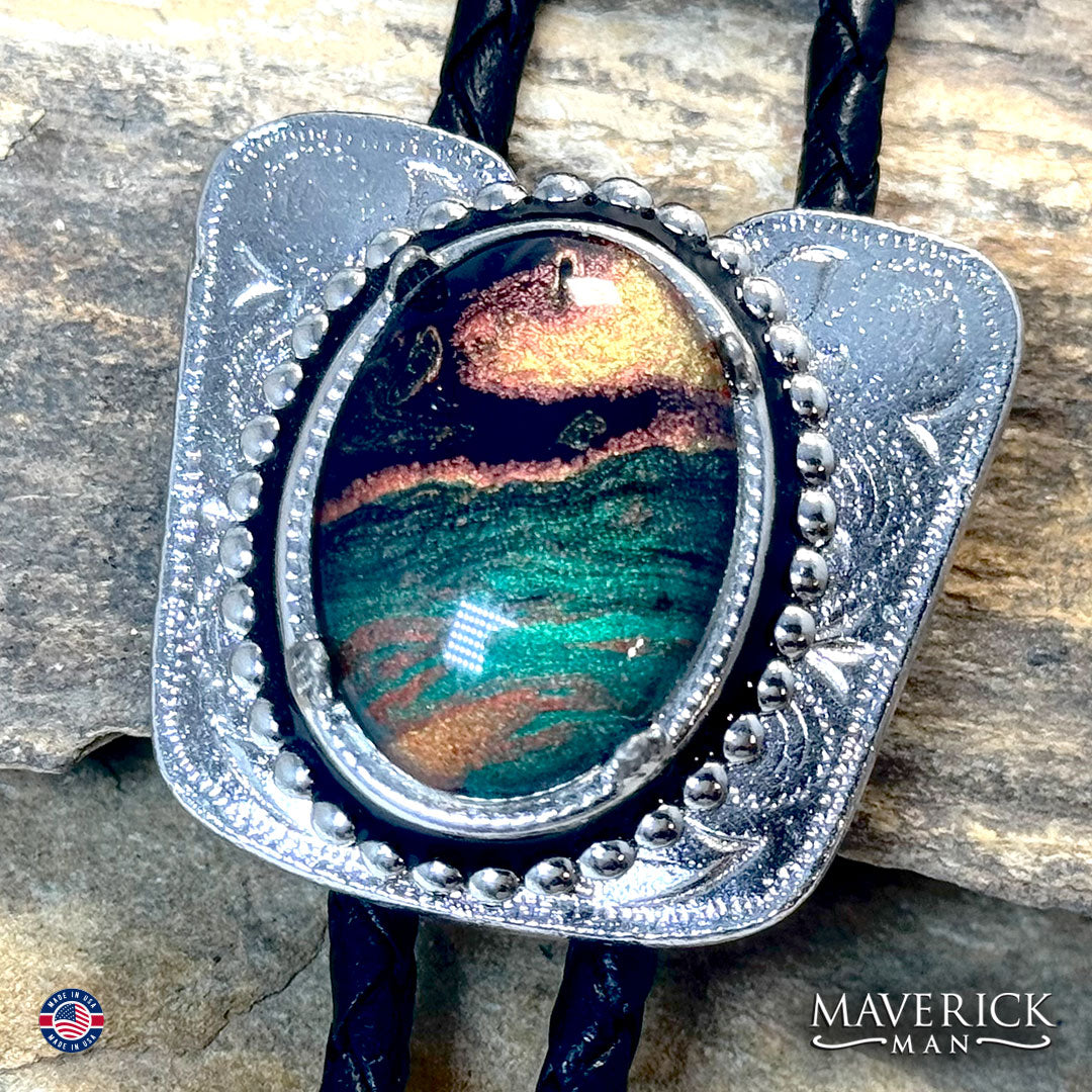Smaller bolo tie with hand painted green stone