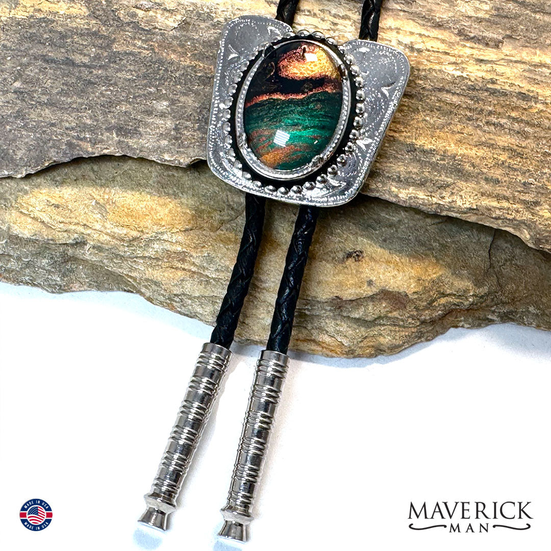 Smaller bolo tie with hand painted green stone