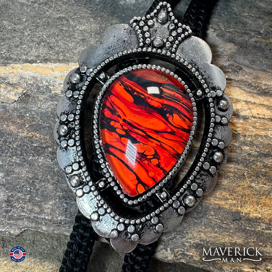 Silver bolo with red earth tones hand painted stone
