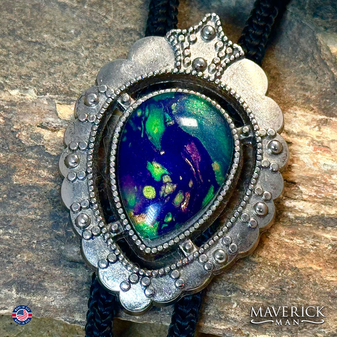 Bolo tie with long cords and Mardi Gras colors