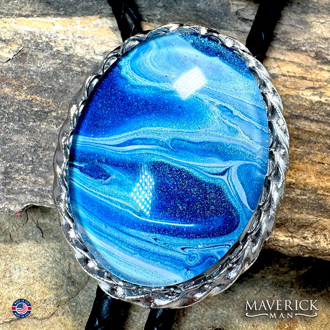 Large silver bolo tie with hand painted stones