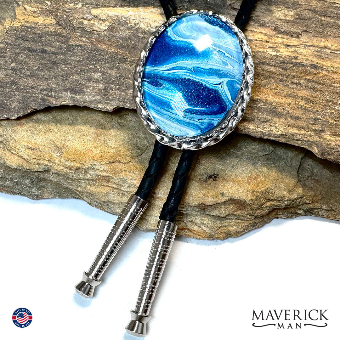 Large silver bolo tie with hand painted stones