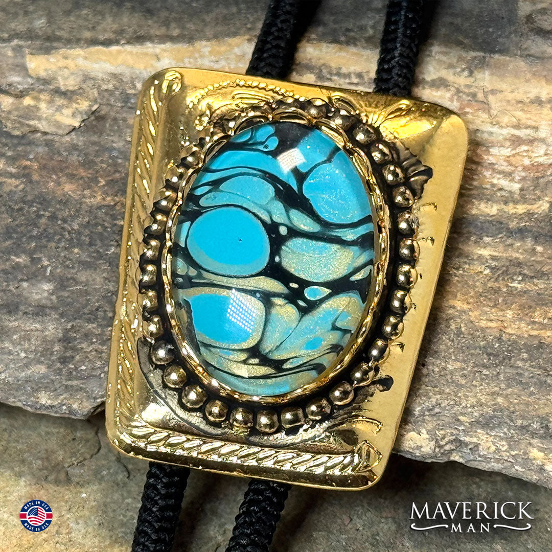 Golden bolo with hand painted stone in gold and turquoise