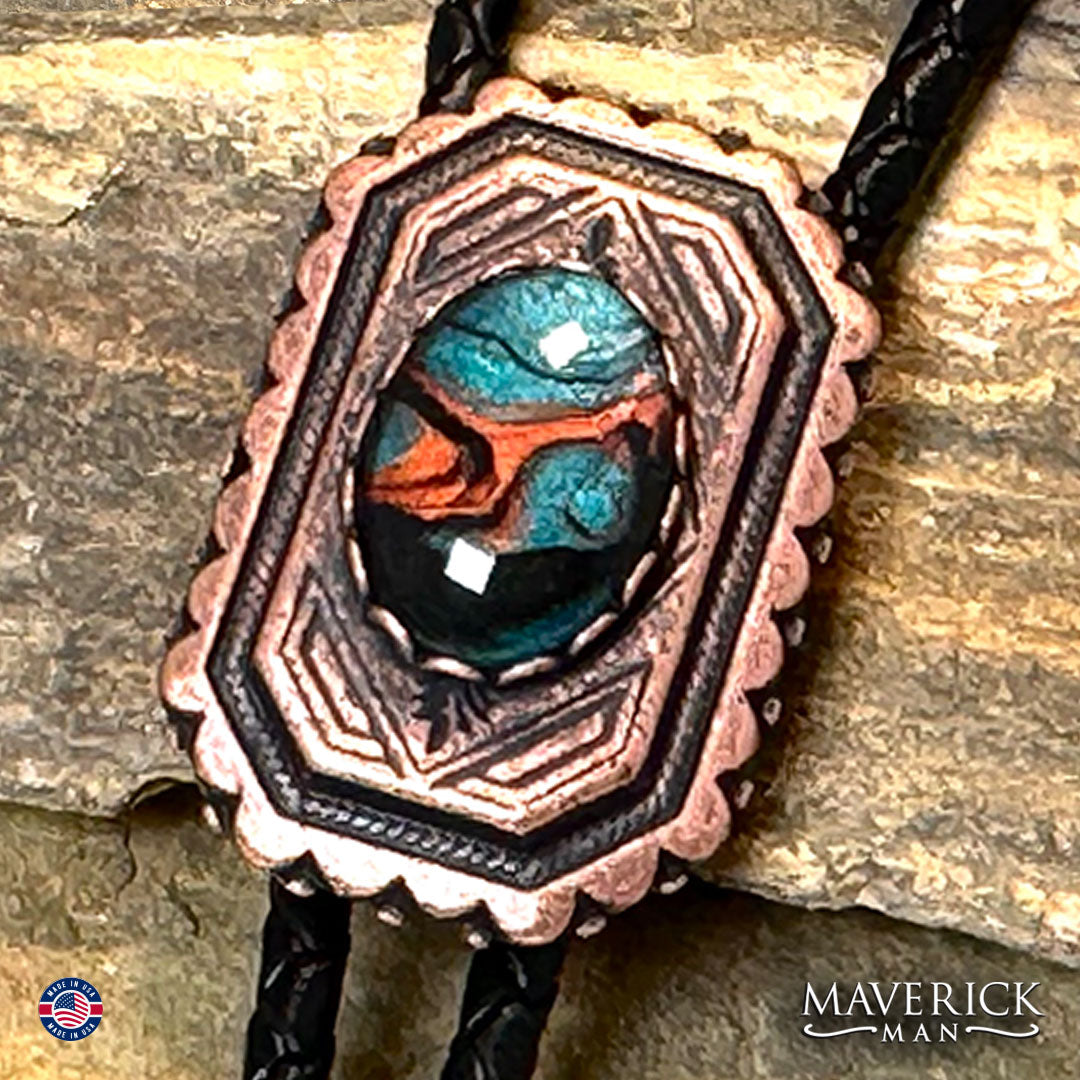 Copper geometric bolo tie with hand painted stone