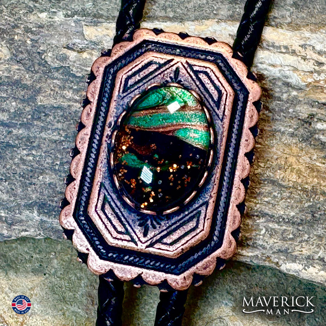 Copper geometric bolo tie with hand painted stone