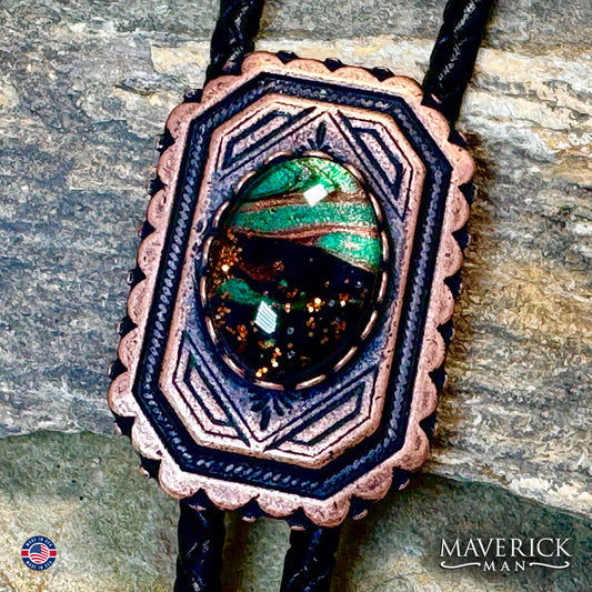 Copper geometric bolo tie with hand painted stone