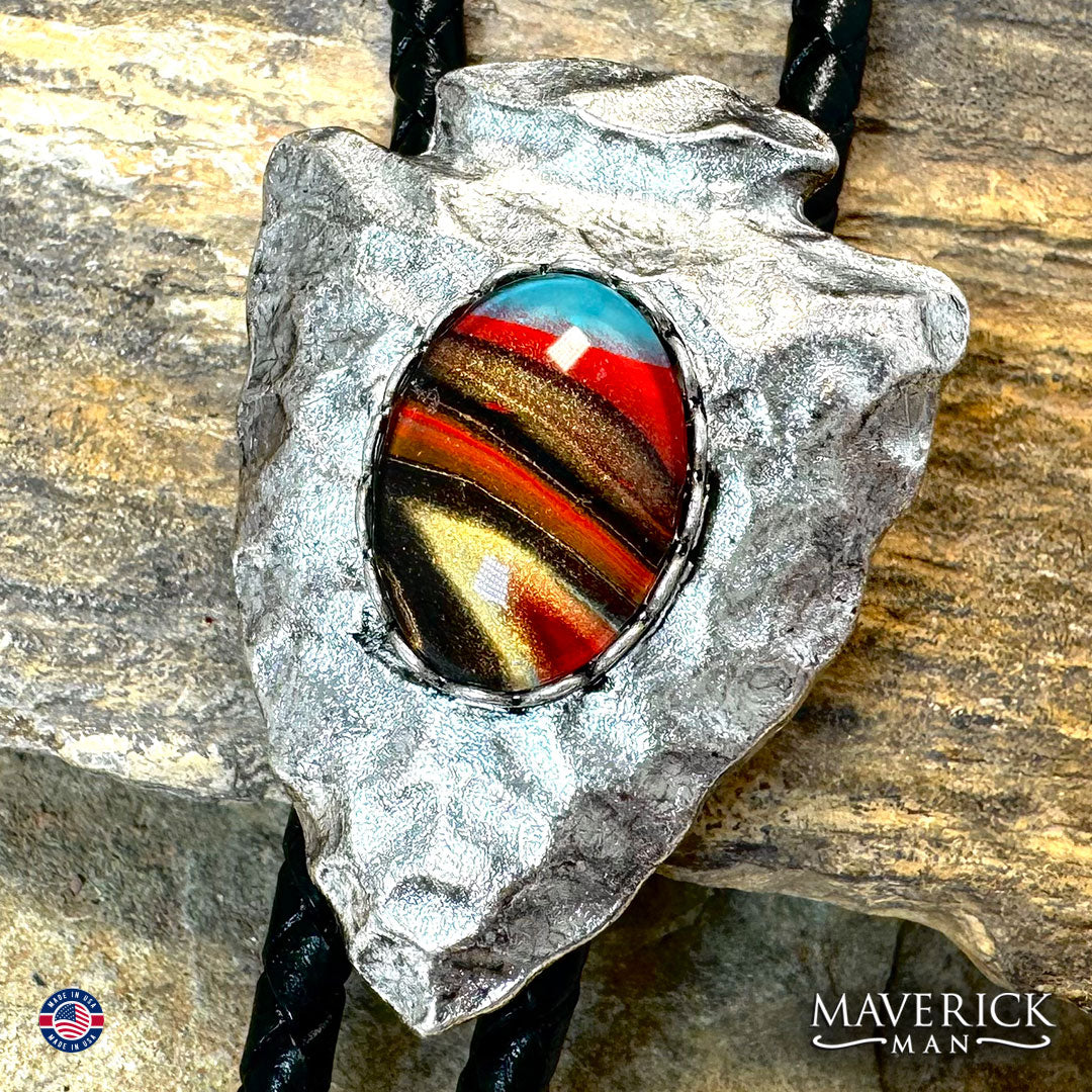 Hammered arrowhead bolo with hand painted southwestern stone