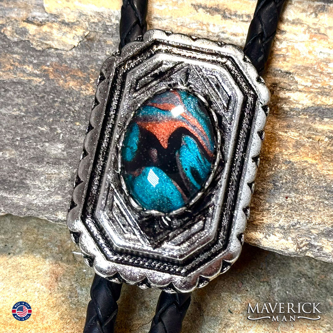 Silver geometric bolo tie with hand painted stone