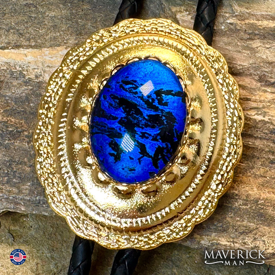 Golden concho bolo with black and blue hand painted stone