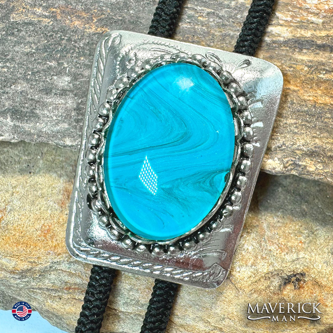 Silver bolo tie with hand painted turquoise stone