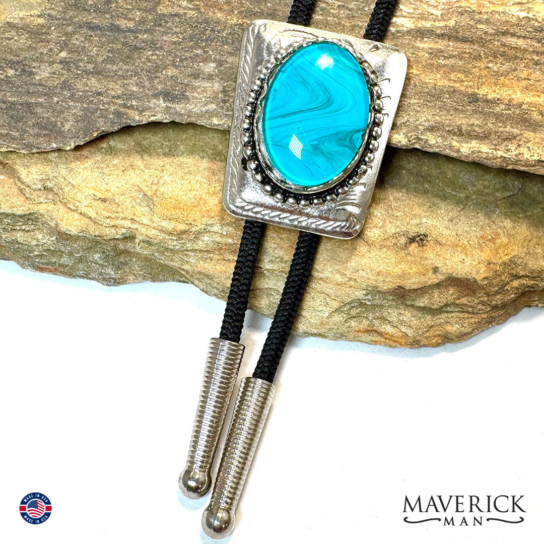 Silver bolo tie with hand painted turquoise stone